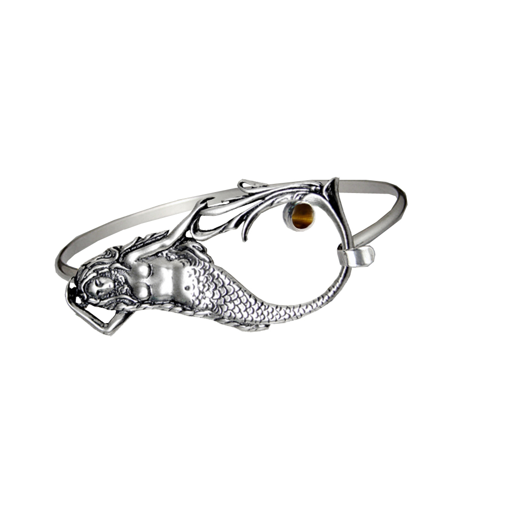 Sterling Silver Mermaid Strap Latch Spring Hook Bangle Bracelet With Tiger Eye